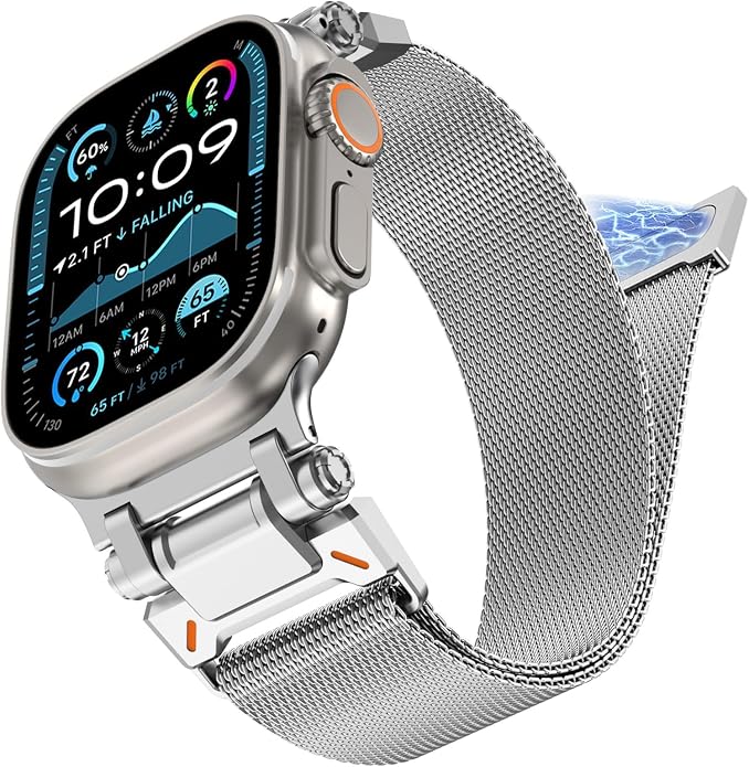 WINGLE Milanese Loop for Apple Watch Band Ultra 3/2/1 Band Ultra 49mm Series 11 10 46mm 45mm 44mm SE 3/2/1 Series 9 8 7 6 5 4 3 Men Women,Parachute-Style Buckle Stainless Steel Mesh Metal iWatch Bands