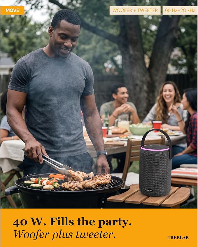 TREBLAB Portable Outdoor Bluetooth Speaker, 40W, IPX6 Waterproof, 18-Hour Battery, TWS Stereo Pairing, USB-C, Built for Active Days - Move Power (HD-Energy-Pro)