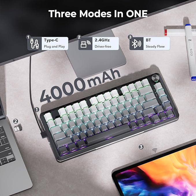 Redragon K681SP Wireless Mechanical Keyboard, Gasket Mounted RGB Gaming Keyboard with Volume Knob, Side Printed Keycaps, Pre-Lubed Linear Switches, 81 Keys 75％ Tri-Mode Hot Swappable for PC/Xbox/Ps4/5