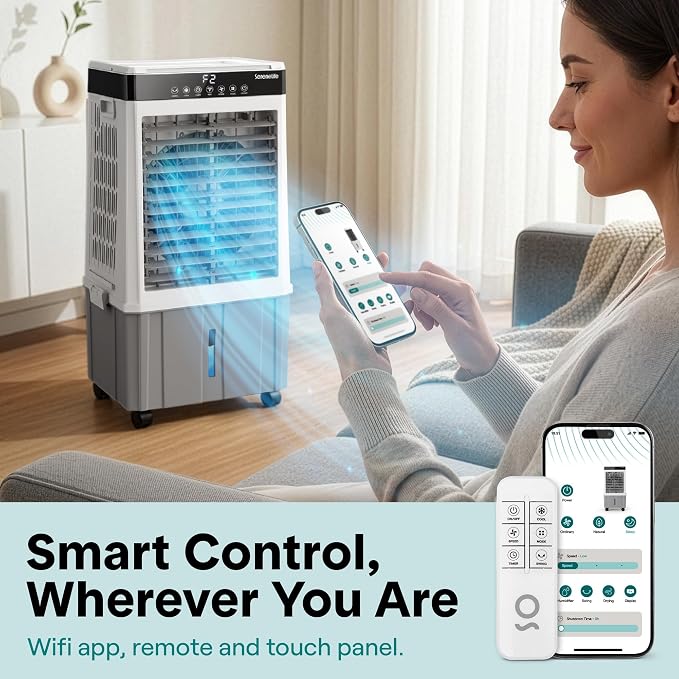 SereneLife Portable Air Cooler with 2200 CFM Power - High-Performance Evaporative Air Cooler for Indoor and Outdoor Spaces, 21 L Tank, Oscillation, 24-Hour Timer, Remote Control Cooling System