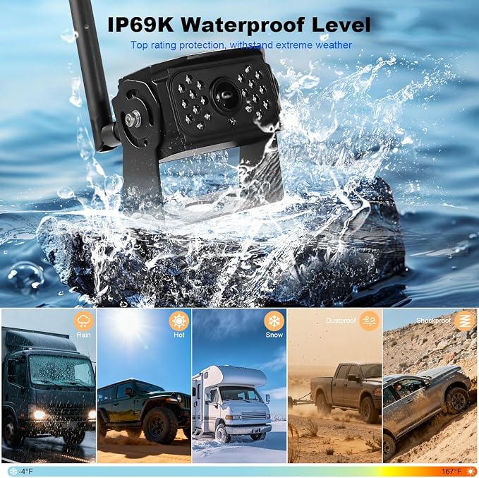 VTimes Wireless Backup Camera 2 Cameras, RV Backup Camera System with 7" Monitor for Truck, 4 Channels Split Screen, BSD Alert, 984ft Signal Range, IP69K Waterproof IR Night Vision, DIY Guide Lines