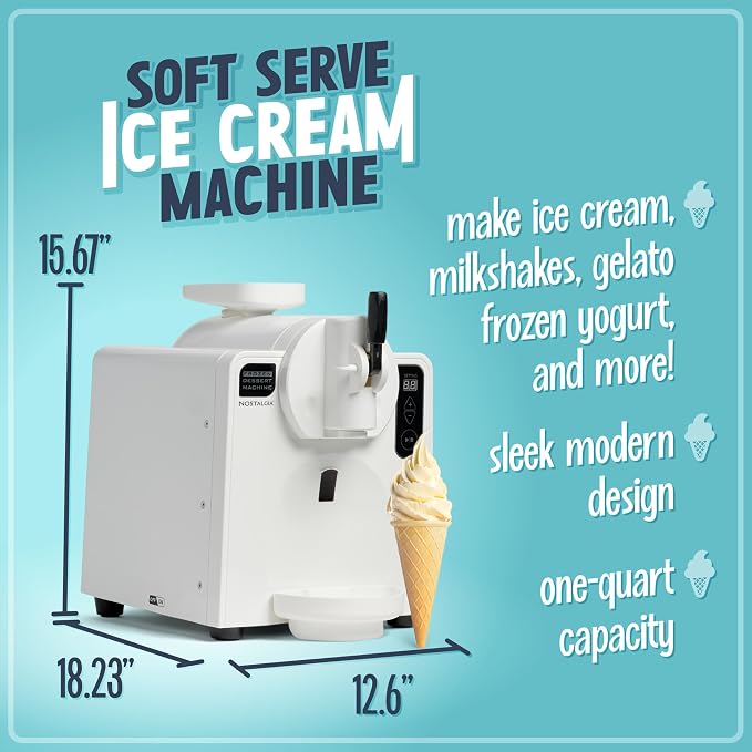 Nostalgia Easy-Dispensing Soft Serve Ice Cream Machine - Ice Cream Maker for Frozen Yogurt, Sorbet, Gelato, Drinks, and More in Minutes - LED Display - 1 Quart - WHITE