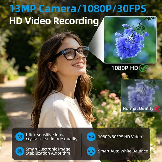 AI Smart Glasses with 13MP Camera & Real-Time Translation,4K HD Video Recording for Vlogging, Voice Assistant, Open-Ear Audio, Photochromic Lenses for Business and Travel.