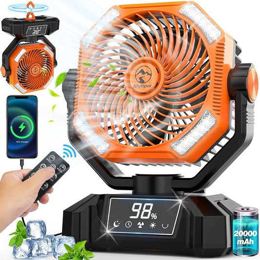 Multper 20000mAh Camping Fan with LED Lantern, 65H Runtime Battery Operated Fan for Tent, Auto-Oscillating Rechargeable Fan with Remote, 4 Speeds Personal Desk Fan for Camping, RV, Jobsite, Outage