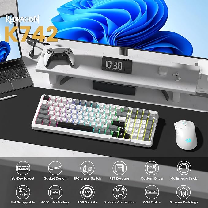 Redragon K742 Wireless Mechanical Gaming Keyboard with Knob, Bluetooth 5.0/2.4GHz/USB C Wired Creamy Keyboard with Number Pad for PC Computer, RGB Backlits, Hot-Swappable with Linear Switches (White)