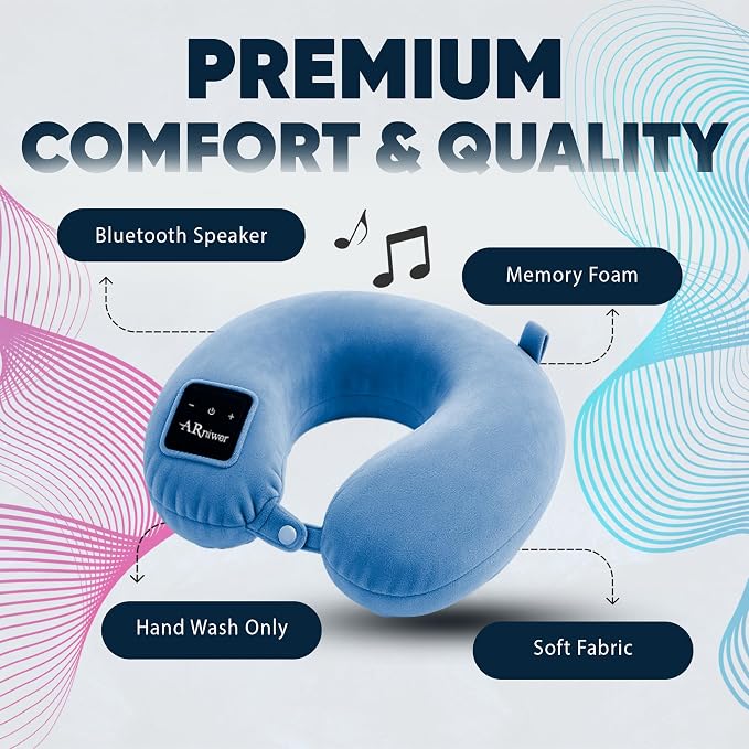 Bluetooth Music U Shaped Neck Pillow Wireless Bluetooth Speaker Memory Foam Suitable Airplane,Bus,Train,Car,Office,and Outdoor Camping The Best Travel Essentials. (Light Blue)