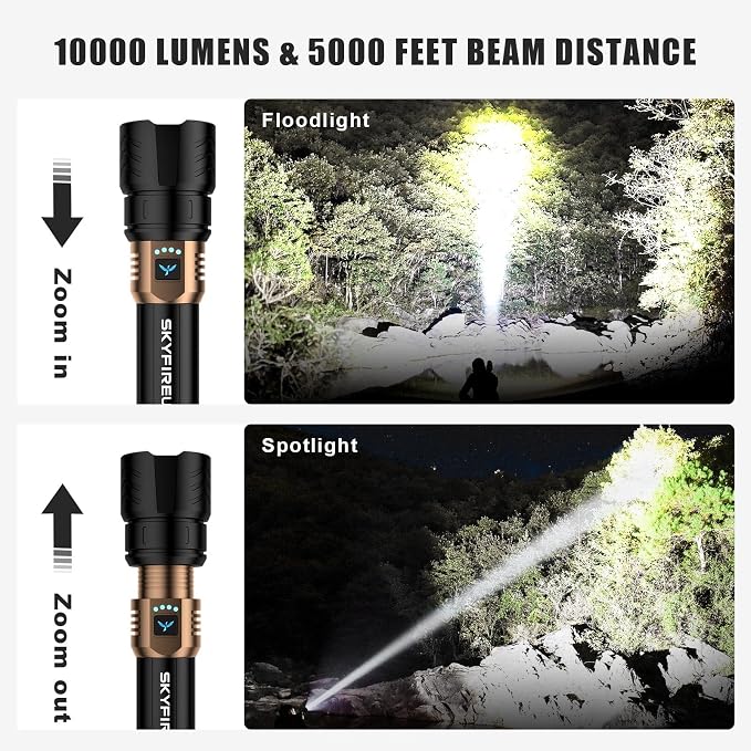 SKYFIRE Rechargeable Flashlights High Lumens,10000 Super Bright Flashlight Zoomable 4Modes Waterproof LED Tactical Flash Light for Camping Essentials,Outdoor and Home Emergencies-No Lens