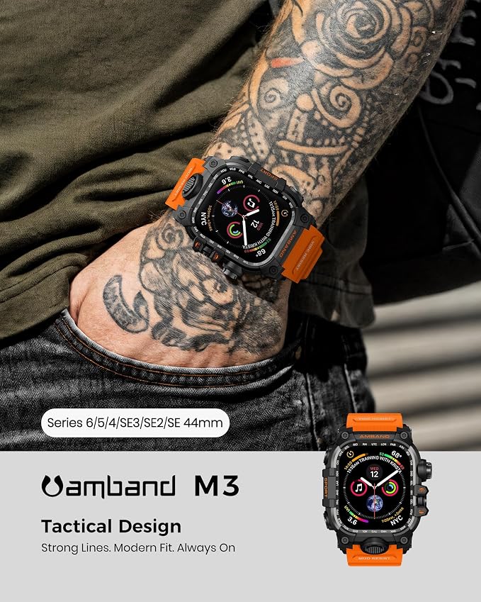 amBand Rugged Case with Band for Apple Watch 44mm, Compatible with iWatch Series SE 3/SE 2nd Generation/SE/6/5/4, Military Grade Shockproof Bumper Cover, Tactical Band for Men, Orange