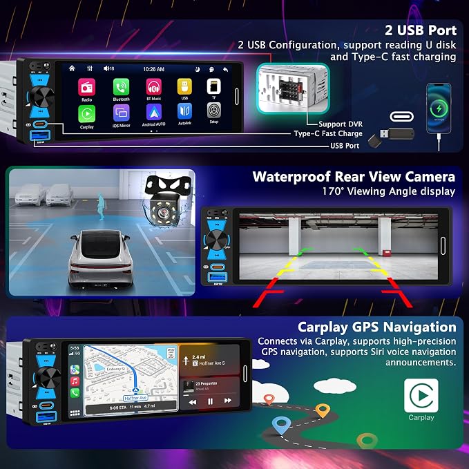 6.5" Single Din Touchscreen Radio with Wireless Apple CarPlay & Android Auto, FM/AM,Car Stereo with Bluetooth 5.2, 180W Audio, 20-Band EQ,USB/Type-C,Mirror Link,External Mic,8-LED Backup Camera,SWC