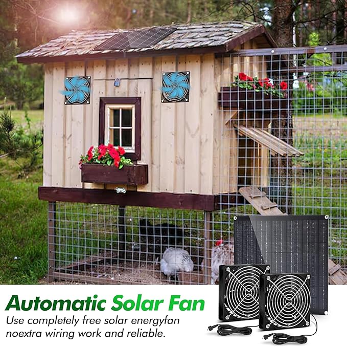 Solar Prowered Fan, 30W Solar Fan, Solar Panel Fan kit, Solar Exhaust Fan, Suitable for Small Chicken coops, Greenhouses, Sheds, Pet Houses