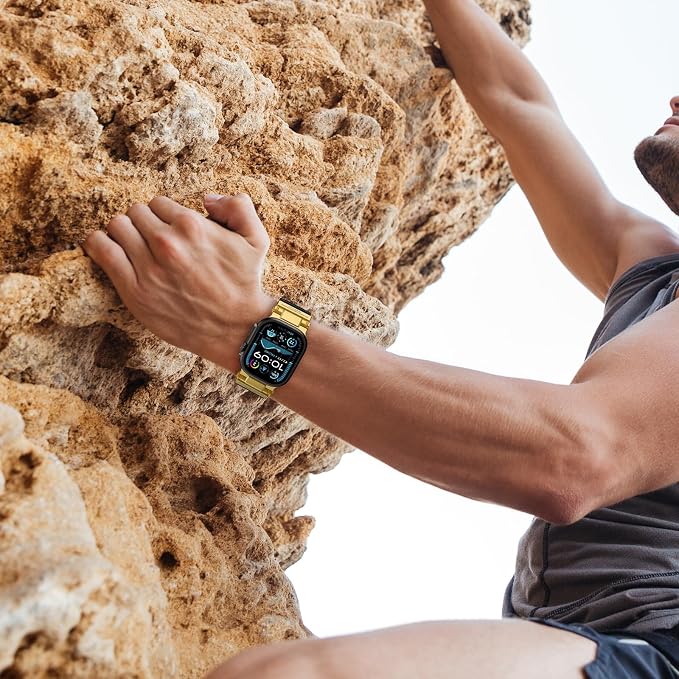 FOAMUNOC Rugged Band Compatible with Apple Watch Ultra 3/2/1 Band 49mm/46mm/45mm/44mm/42mm, Metal Connector with Silicone Strap for iWatch Ultra Series 11/10/9/8/7/6/SE3/SE2/SE/5/4/3/2/1, Gold Black