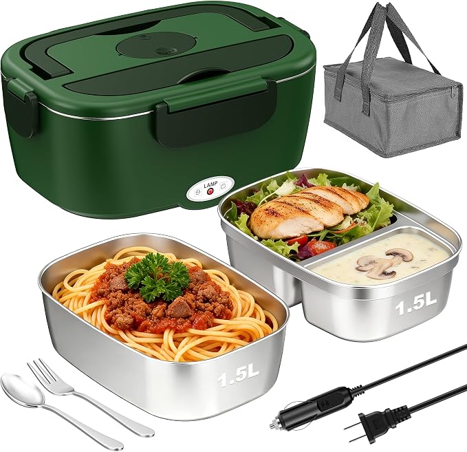 80W Electric Lunch Box Food Warmer for Car/Truck/Office, 110V/24V/12V Portable Heated Lunch Box for Adults, Dual 1.5L Stainless Steel Containers, Leak-Proof & Fast Heating, 3-in-1 Design