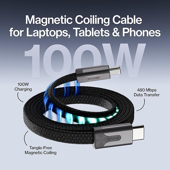 Statik MagStack Slim Pro - USB C to USB C Cable, Magnetic Anti Tangle Flat Type C Charger Fast Charging Cord, Magnetic Charging Cable, Compatible with iPhone, iPad & Android, 100W 6FT, 3-Pack