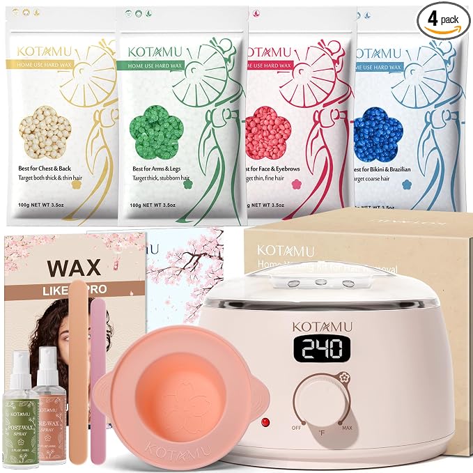 KOTAMU Waxing Kit for Women & Men, Wax Warmer for Hair Removal, Digital Wax Kit with Silicone Pot, Ideal for Face Eyebrow Arm Legs Armpit &Sensitive Skin, Pink Waxing Machine for Home Salon Use