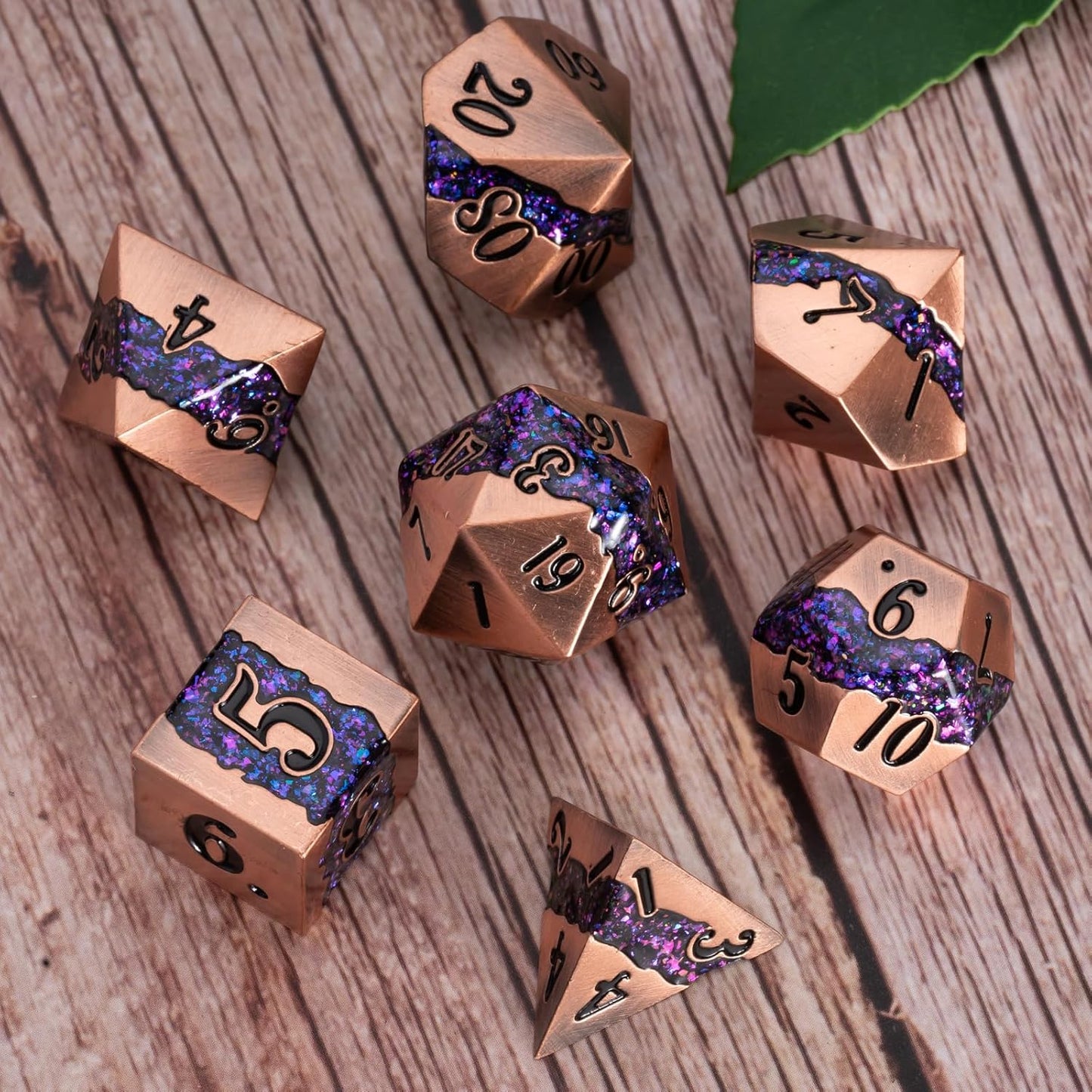 Polyhedral Metal Dice DND,RPG Purple Glitter Stripe Dice Set,Antique Copper Metal Dice Set for Role Playing Games
