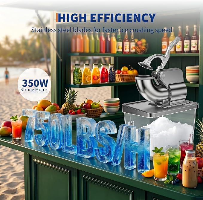 Commercial Ice Crusher 750LBS/H, 350W Electric Snow Cone Machine with 4 Stainless Steel Blades, 2000RPM, 8.98Gal Hopper Shaved Ice Maker with Safety On/Off Switch for Home, Restaurants, Bars, Silver