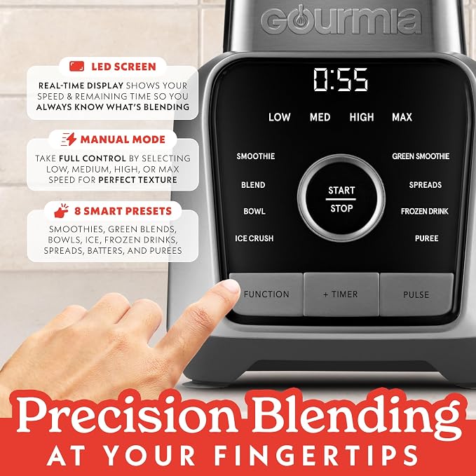 Gourmia Countertop Blender – 8 Blend Programs, 4 Speeds, Pulse and Manual Mode, 56oz Pitcher, Digital Display with Integrated Timer, Round-Plated Tamper, Dishwasher-Safe Parts