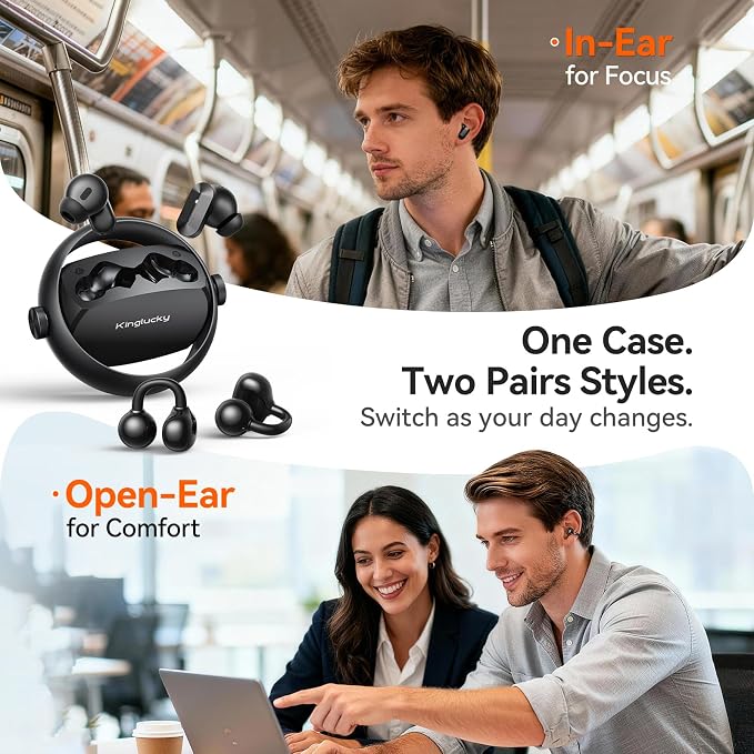 Kinglucky 2-in-1 Wireless Earbuds, in-Ear & Open Ear Clip-On Earbuds Comfortable fit, Bluetooth Headphones 5.4 with Noise Cancelling Mic, Power Swap Charging, Up to 50H, Black