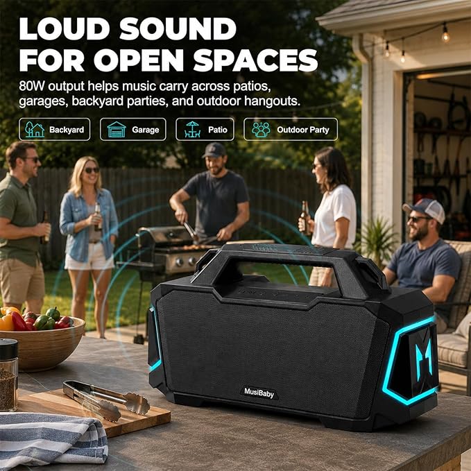 Musibaby 80W Portable Bluetooth Speaker, Loud Bass, IPX6 Waterproof, Black | Workshop, tailgate, RV, projector nights, fishing trips, boat deck, cookouts, USB music, AUX input, and room-filling audio.