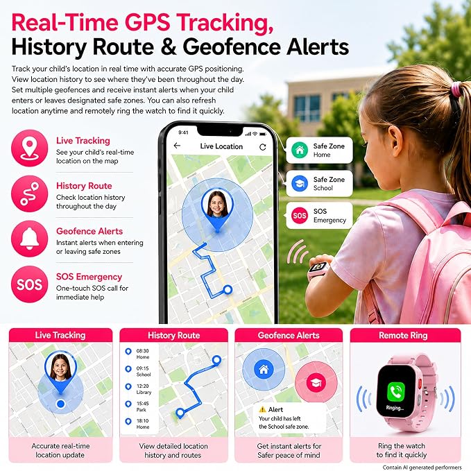 4G Kids Smart Watch with GPS Tracker, Video & Voice Call, SOS, WiFi, IP68 Waterproof, AI Smart Features, Parental Control Phone Watch for Boys Girls Age 4-12(SIM Card Included)