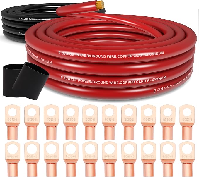 1/0 Battery Cable 1/0 Gauge Wire 40FT Copper Clad Aluminum Amp Wiring Kit- Automotive Power Ground Cable for Car Audio,RV Truck with Pure Copper Lugs & Heat Shrink Tube - Black/Red