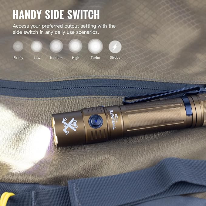 ThruNite TT20 Tactical Flashlight, 2010 Lumens USB-C Rechargeable LED Flashlight, Bright Handheld Flashlights with 6 Modes & Dual Switch, IPX8 Aluminum for Hunting - Desert Tan
