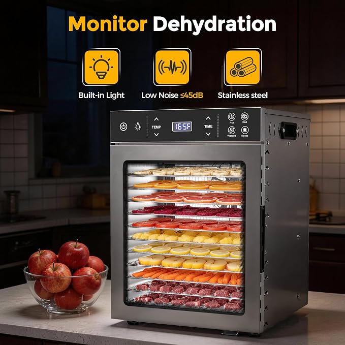 Suteck 12-Tray Food Dehydrator, 800W Dehydrator Machine with Stainless Steel Trays, Dual Fans & 360° Airflow, Digital Temp & Timer Control with 4 Presets, Quiet Dryer for Jerky, Fruit, Meat, Herbs