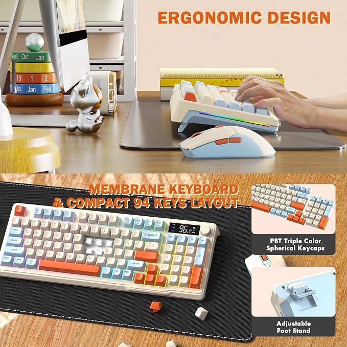 ZIYOU LANG T96 Wireless Gaming Keyboard and Mouse Combo,Dual Bluetooth/2.4G RGB Backlit Mechanical Feeling Keyboard with Smart Display & Knob,4000 DPI Gaming Mouse for PC Laptop Mac Wins-Blueberry