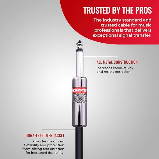 Monster Cable Prolink Classic Speaker Cable 12 ft – 1/4-Inch to 1/4-Inch Instrument & Amp Cable, Straight Connectors, Duraflex Jacket, Audio Cable for Guitar, Bass, Amplifier and Speaker