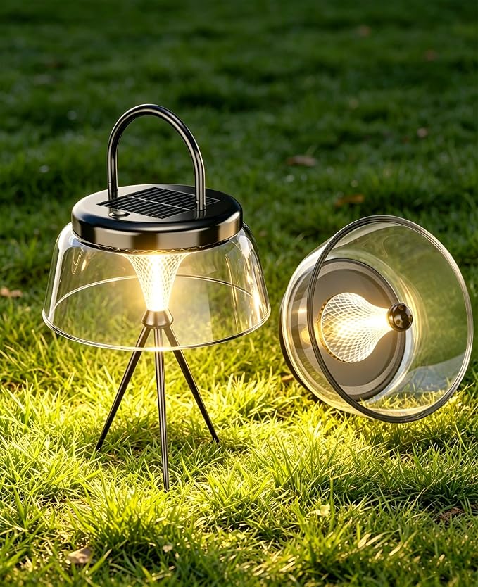Solar Camping Lantern, Dimmable 360°COB LED Camping Light Rechargeable, IP65 Waterproof Portable Camping Lanterns, Hanging/Tabletop Lamp for Tent, Patio Decor, Emergency Power Outage(Black)