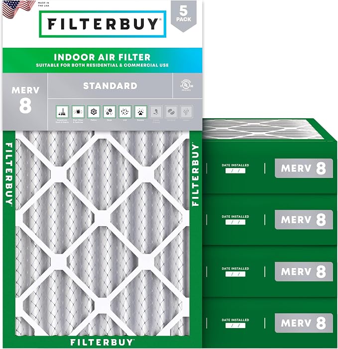 Filterbuy 14x25x4 Air Filter MERV 8 Essential Dust & Allergy Defense (5-Pack), Electrostatic Pleated HVAC AC Furnace Filters Replacement, Made in USA (Actual Size: 13.88 x 24.88 x 3.63)
