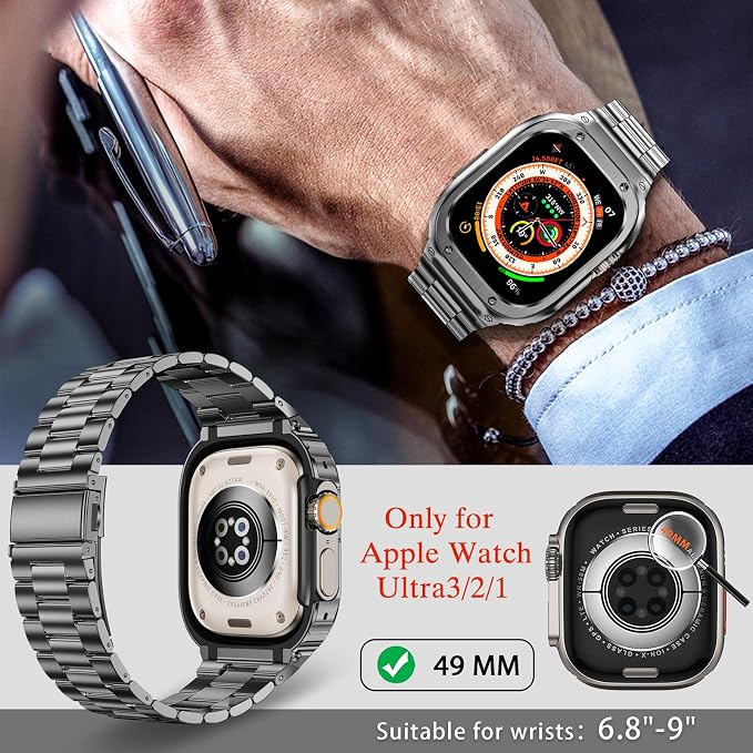 MioHHR Stainless Steel Band and Case Compatible with Apple Watch Band 49mm, Men Metal Protective Bumper Cover for iWatch Series Ultra 3/2/1, Space Gray