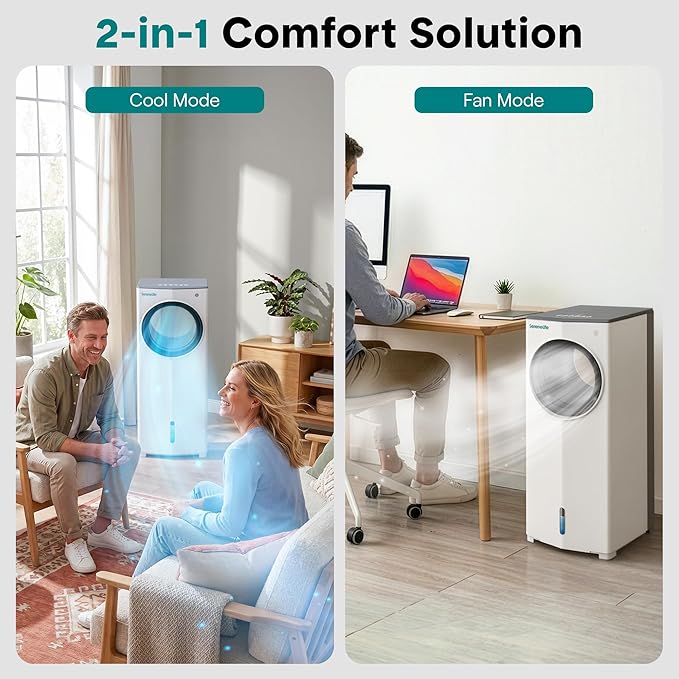 SereneLife Portable Evaporative Air Cooler with 4L Detachable Water Tank, 1800 CFM Evaporative Cooler with Remote & Ice Packs, Indoor Outdoor Air Cooler Portable for Room Use, (White & Gray)