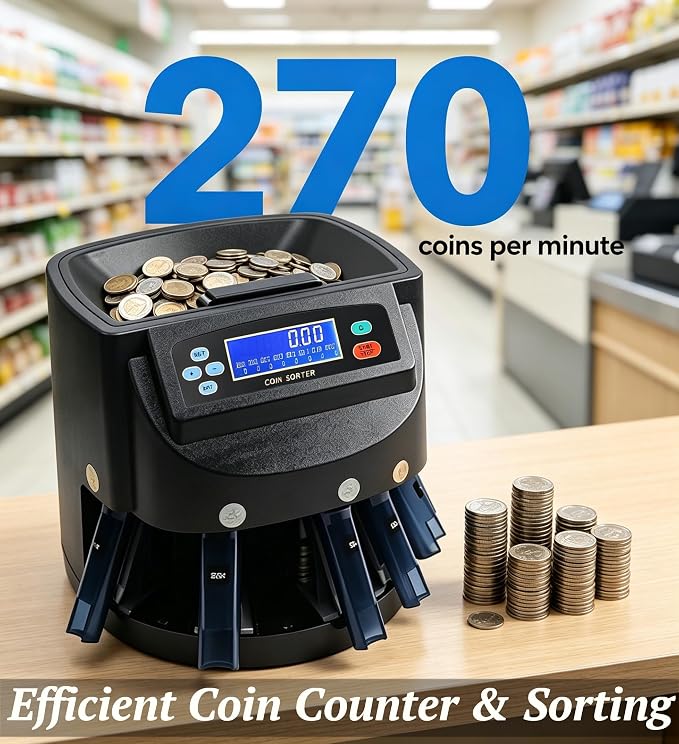Professional Coin Counter Coin Sorter and Wrapper Machine, Accurate Smooth All USD Coins Change Sorter and Wrapper, with 5 Coin Bins & 5 Coin Tubes, 4 Sets Wrappers, 270pcs/min
