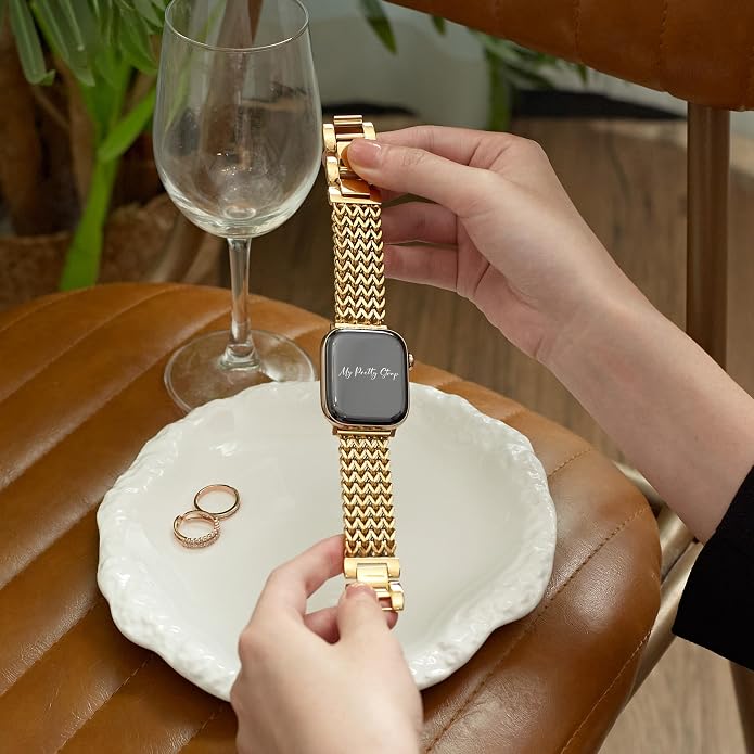 My Pretty Strap - Compatible Apple Watch Band Strap, Stainless Steel Fashion iWatch Replacement Strap- Easy Resizing, No Tool Needed, Fits Most Wrists- Series 1-11, SE and Ultra