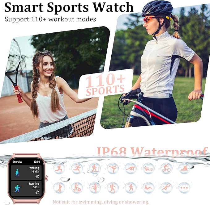 Smart Watch Women Men, 1.85’’ Reloj Inteligente para mujer hombre, Make/ Answer Call, Health Monitor/Blood Pressure, 110+ Sports Modes, Voice Control, IP68 Waterproof Compatible with Android & iPhone