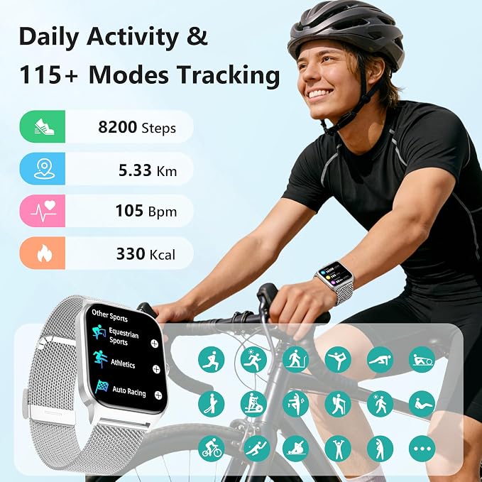 Smart Watch Women Men, 1.85’’ Lightweight Fitness Tracker Make/Answer Call, HR/Blood Pressure/Sleep Monitor, 110+Sport Modes, Waterproof Reloj inteligente Compatible for Android & Samsung & iPhone