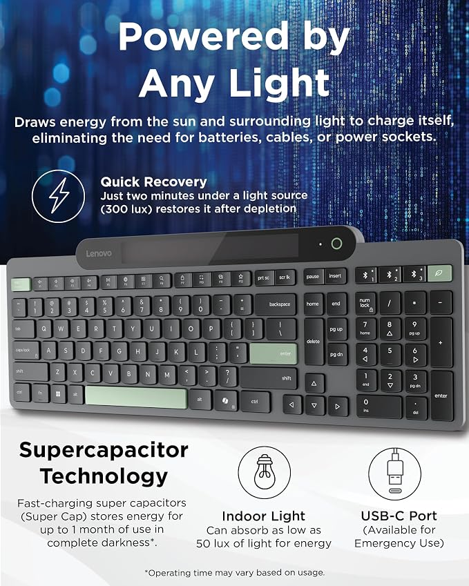 Lenovo 800 Self-Charging Bluetooth Keyboard, Uses Ambient Light for Charging, Bluetooth 5.1, Supports 3 Devices, Battery Free, Wireless, Grey