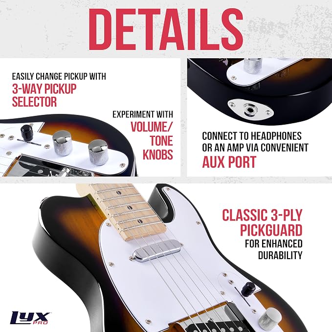 LyxPro 30” Electric Guitar TL Series, Full-Size Paulownia Wood Body, 3-Ply Pickguard, C-Shape Neck, Ashtray Bridge, Quality Gear Tuners, 3-Way Switch & Volume/Tone Controls, 2 Picks Included, Sunburst