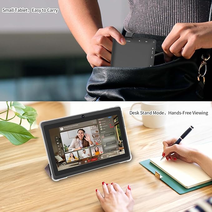 7 Inch Tablet with Case, Five Core Android 15 Tablets, 8GB RAM 32GB ROM 512GB Expand, 1024x600 IPS HD Display, 3500mAh,Dual Camera, USB C Tablet PC（Pink）
