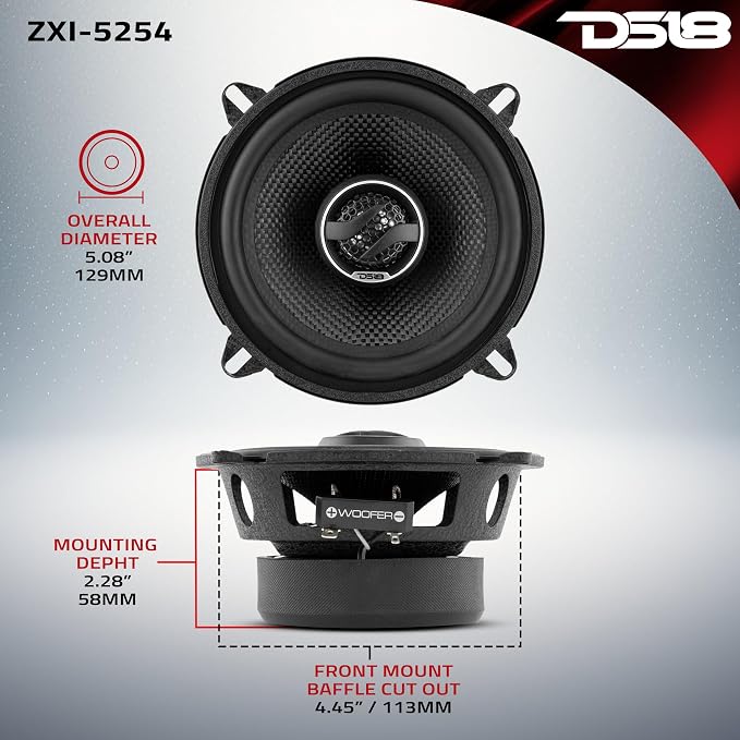 DS18 ZXI-5254 5.25" Car Audio Coaxial Speaker with Built in Neodymium Tweeter and Kevlar Cone – 2 Way 180 Watts Max 4 Ohm (2 Speakers),Black