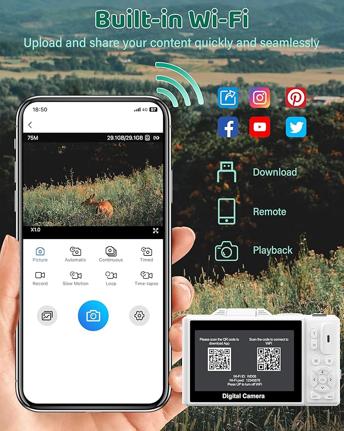 5K Digital Camera - WiFi 75MP Cameras for Photography - UHD Vlogging Camera for YouTube with 3" 180° Flip Screen - Autofocus Compact Video Travel Camara with 18X Zoom, 32GB SD Card, 2 Batteries