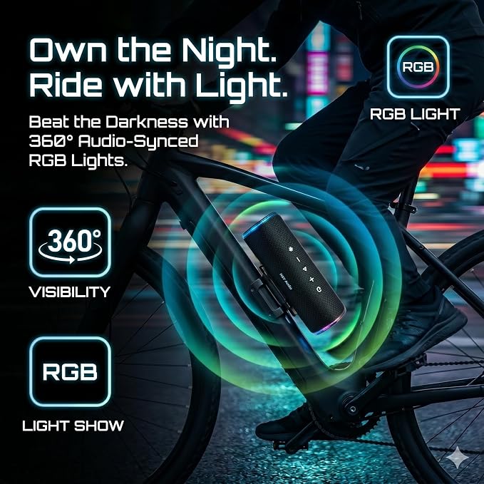 Bass Boosted Bluetooth Bike Speaker, IPX7 Waterproof Portable Wireless Outdoor Speaker, 25-Hour Playtime, LED Lights, TWS Pairing for Pool, Beach, Shower, Gifts (Black)