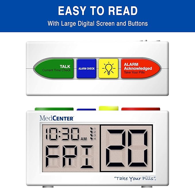 MEDCENTER Talking Alarm Clock HSA/FSA, Medication Pill Reminder Clock, Alarm Clock for Dementia and Visually impaired - Digital Clock Ex Large White (with Adapter) Gift for Mom, Dad, Elderly, Seniors
