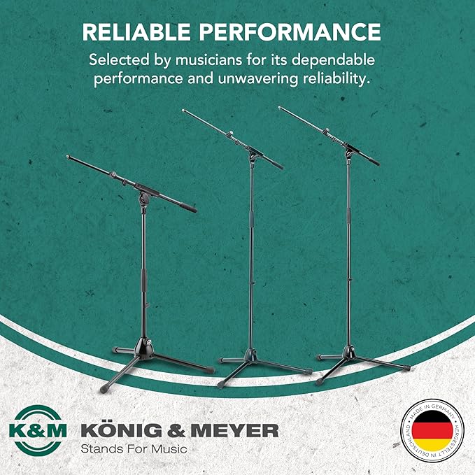K&M König & Meyer 25977.500.55 Microphone Stand - Adjustable Telescoping 2-Piece Boom Arm - Shorter Low-Level Height with Folding Leg Base - Professional Grade - German Made - Black