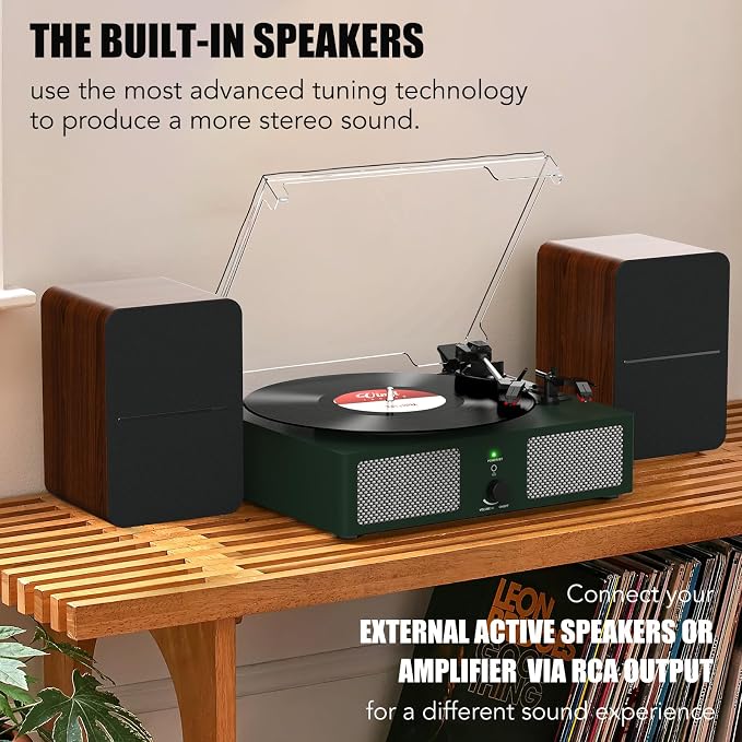 Vinyl Record Player with Built-in Speakers and USB,Belt-Driven Bluetooth Turntable with 3 Speed AUX Input Headphone Jack and RCA Output Vintage Wooden DarkGreen