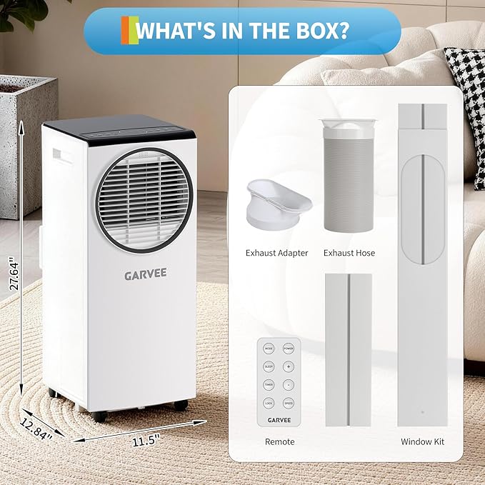 Garvee 8000 BTU Portable Air Conditioner, Portable AC Unit with Dehumidifier, Fan and Remote Control, Energy Efficient Indoor AC Conditioner for Rooms up to 350 Sq. Ft., White