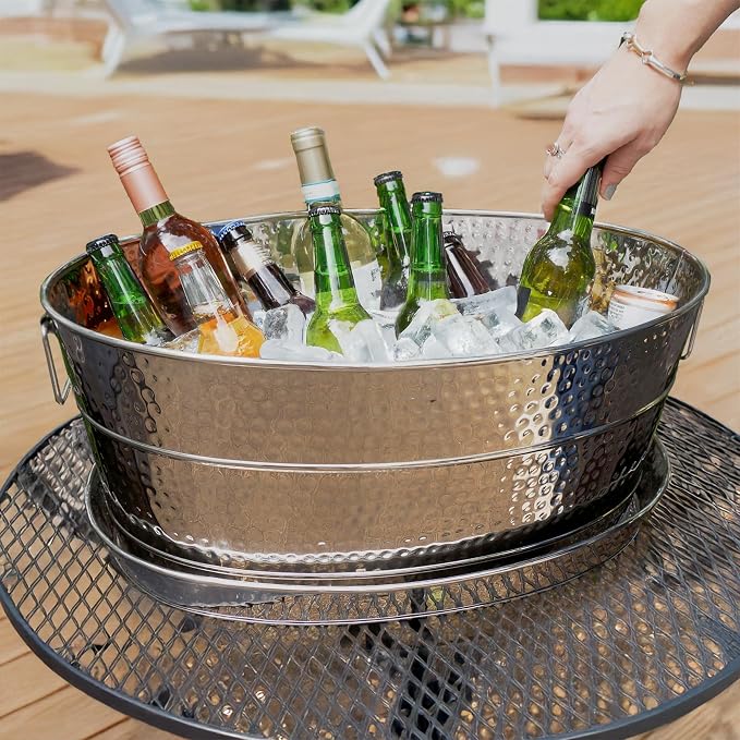 BREKX Aspen Stainless Steel Silver Beverage Tub with Stainless Steel Serving Tray - Heavy-Duty Metal Ice and Drink Bucket for Parties, Large Champagne Bucket with Tray for Mimosa Bar Supplies