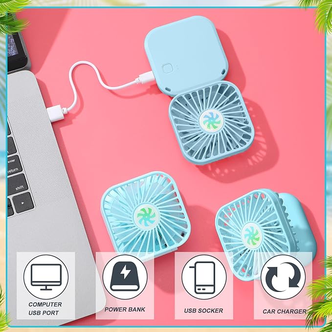 Hortsun 12 Pcs Mini Handheld Fan Bulk Portable Personal Neck Fan Small Foldable Hands Free with USB Rechargeable Gifts for Travel Summer Concerts Vacation Outdoor 3 Speed(Blue)