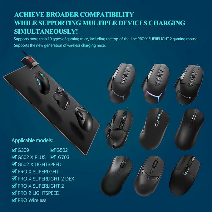 Wireless Charging Mouse Pad for Logitech G Pro X Superlight 2/1, G502, G703 Lightspeed, Plug-and-Play, Slip-Resistant Base, Continuous Charging for Gaming - Powerplay Alternative (Not for G903)